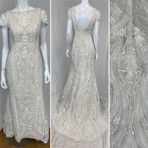 Melissa Sweet 8 Lace Embroidered Ivory Illusion Sequin Train Wedding Gown Dress - Picture 4 of 15